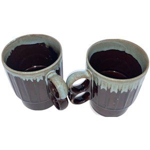 Vtg MCM Brown & Teal Ceramic Drip Glaze Stackable Coffee Mug Japan 1970’s Set 2